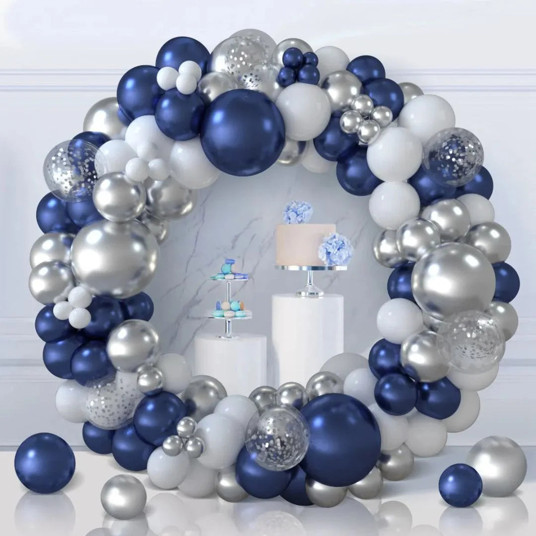 Arche de ballon bleu blanc argent