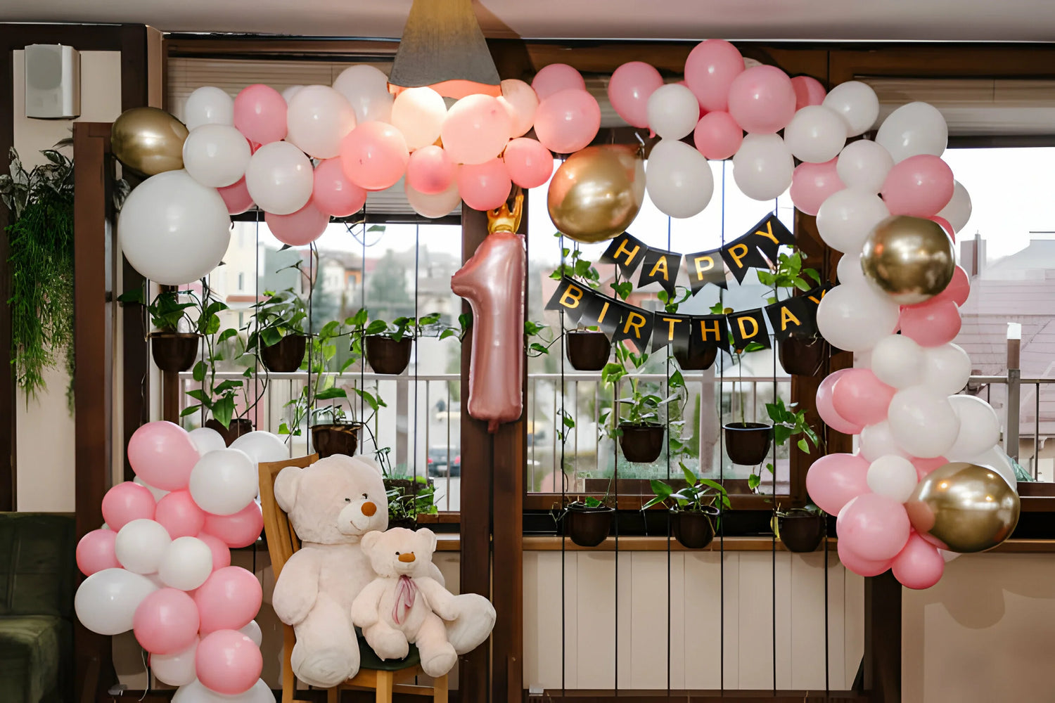 Arche de ballon rose et blanche pour anniversaire